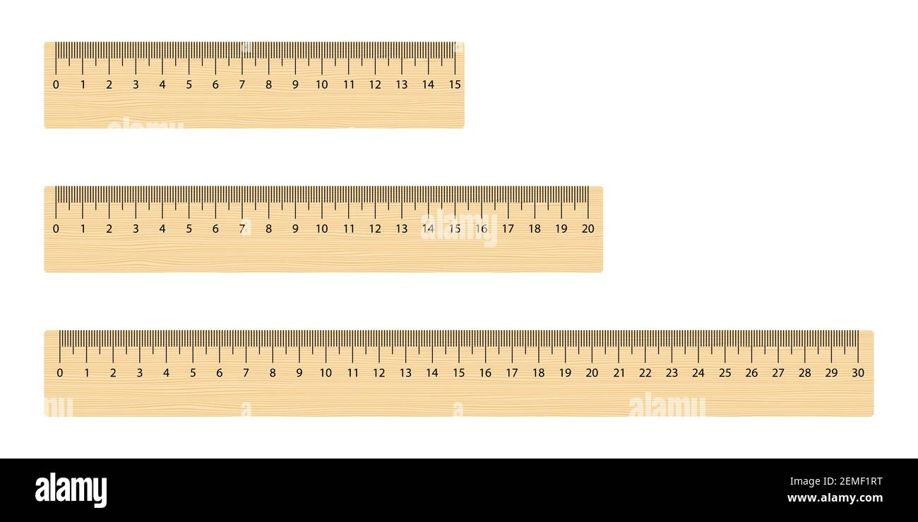 Set of realistic wooden measuring ruler 15, 20 and 30 centimeters. School math tool. Stock Vector
