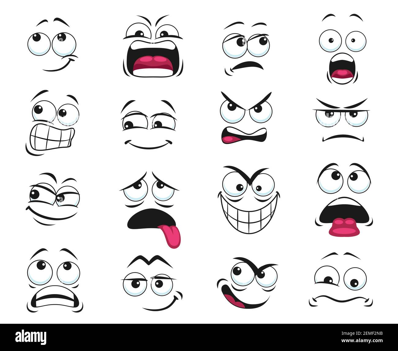 Cartoon face expression isolated vector icons, funny emoji exhausted,  yelling and scared, shocked, angry, gloat and sad. Facial feelings,  emoticons up Stock Vector Image & Art - Alamy