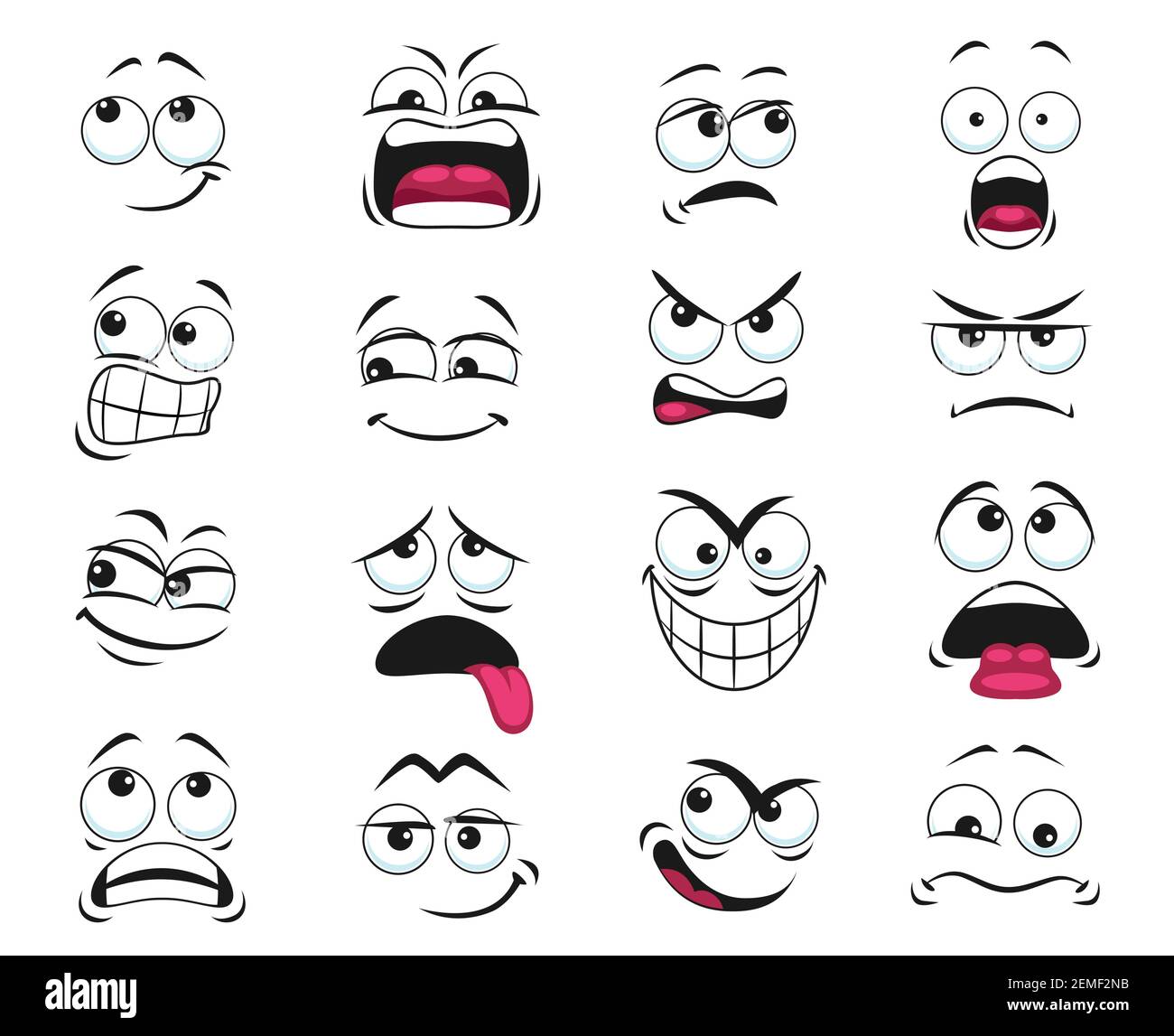 Cartoon face expression isolated vector icons, funny emoji exhausted, yelling and scared, shocked, angry, gloat and sad. Facial feelings, emoticons up Stock Vector