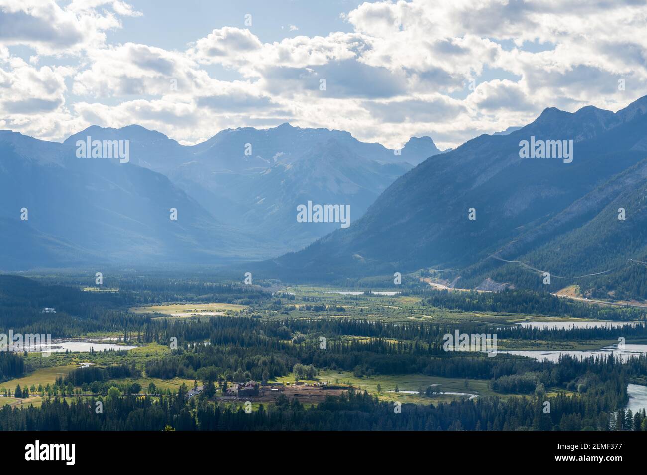 Overlooking the Vermilion Lakes from Tunnel Mountain summit. Summer time in Banff National Park, Canadian Rockies, Alberta, Canada. Stock Photo