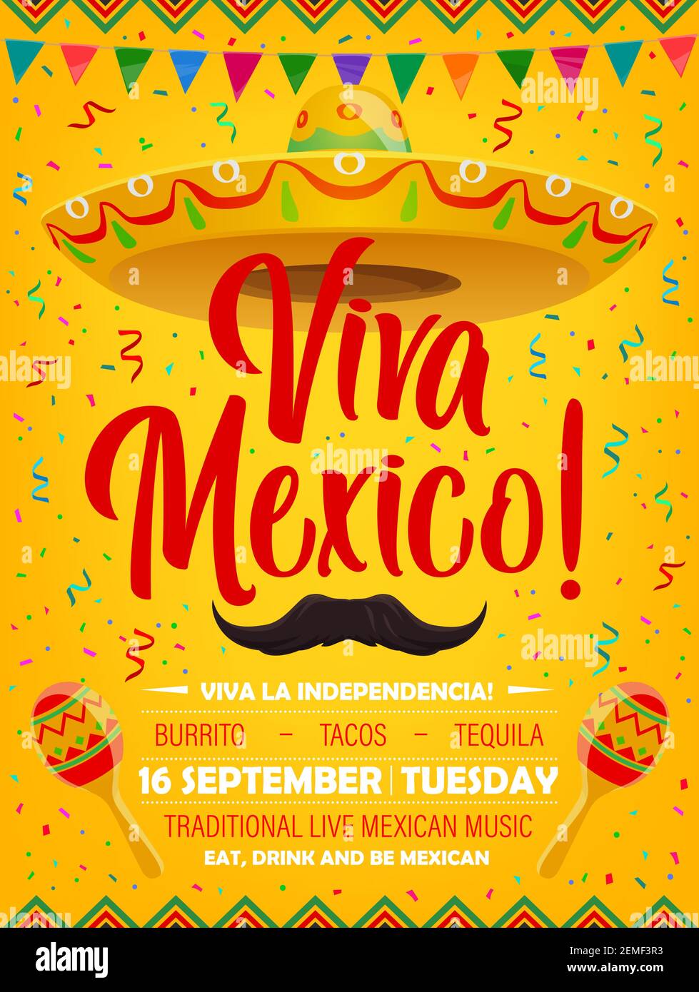 Viva Mexico vector poster with mexican symbols sombrero, mustaches and ...