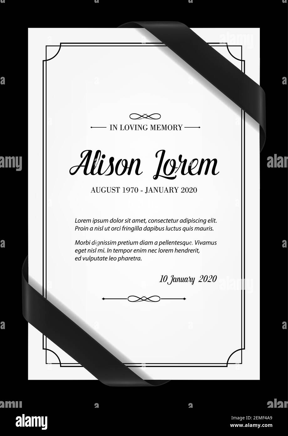 Funeral card vector template with black frame, mourning ribbons in corners, place for name, birth and death dates. Obituary memorial, condolence funer Stock Vector