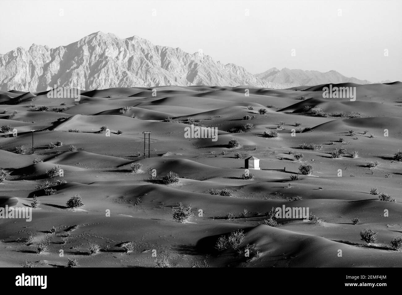 Monochrome, black and white, image of sand dunes, Abu Dhabi Emirate, United Arab Emirates. The mountains in the distance are in Oman. Stock Photo