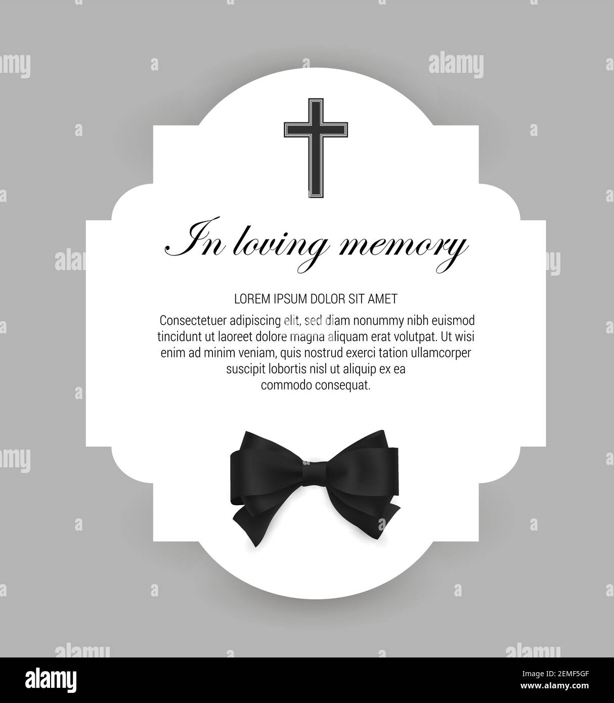 Funeral vector card, obituary memorial frame, necrologue or tomb engraving template. Funerary card with typography in loving memory, christian cross a Stock Vector