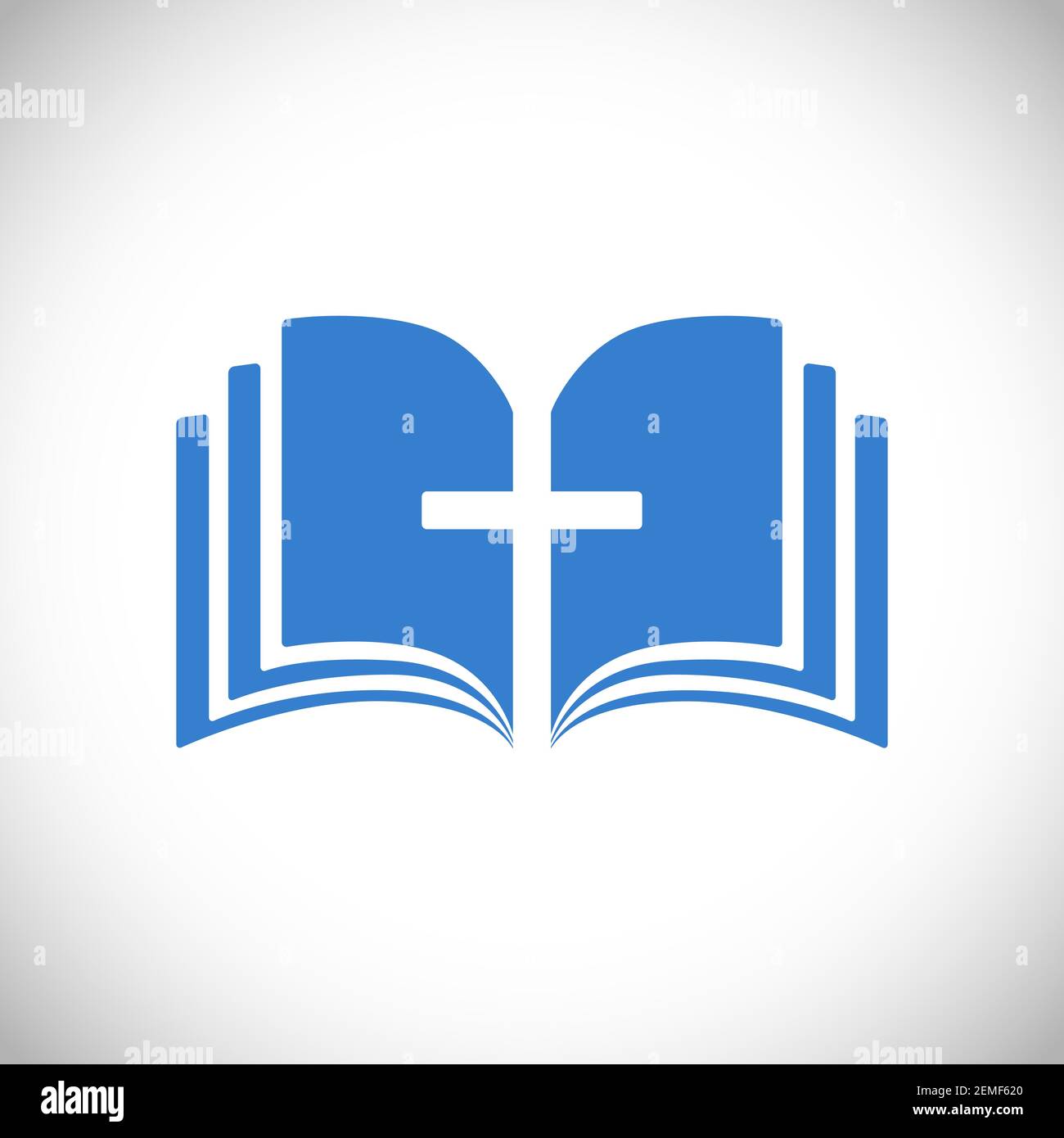 Cross and book blue logotype concept. Open book, pages. Logo idea. E-book or e-bible icon, religious symbol. Cut out brand sign. Isolated abstract gra Stock Vector