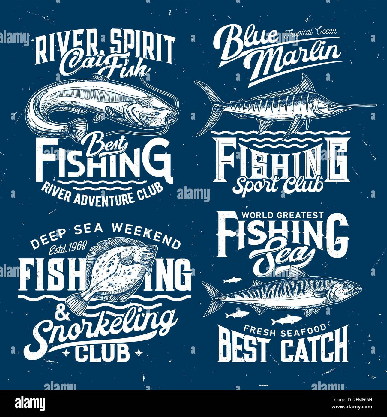 Fishing club icons, sport t-shirt print templates, fishes and sea water ...