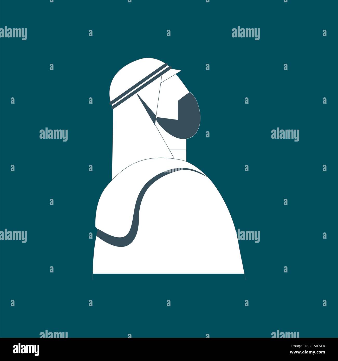 Arab man with mask looking up flat design, A Saudi man icon wearing shemagh and a thobe Stock Vector