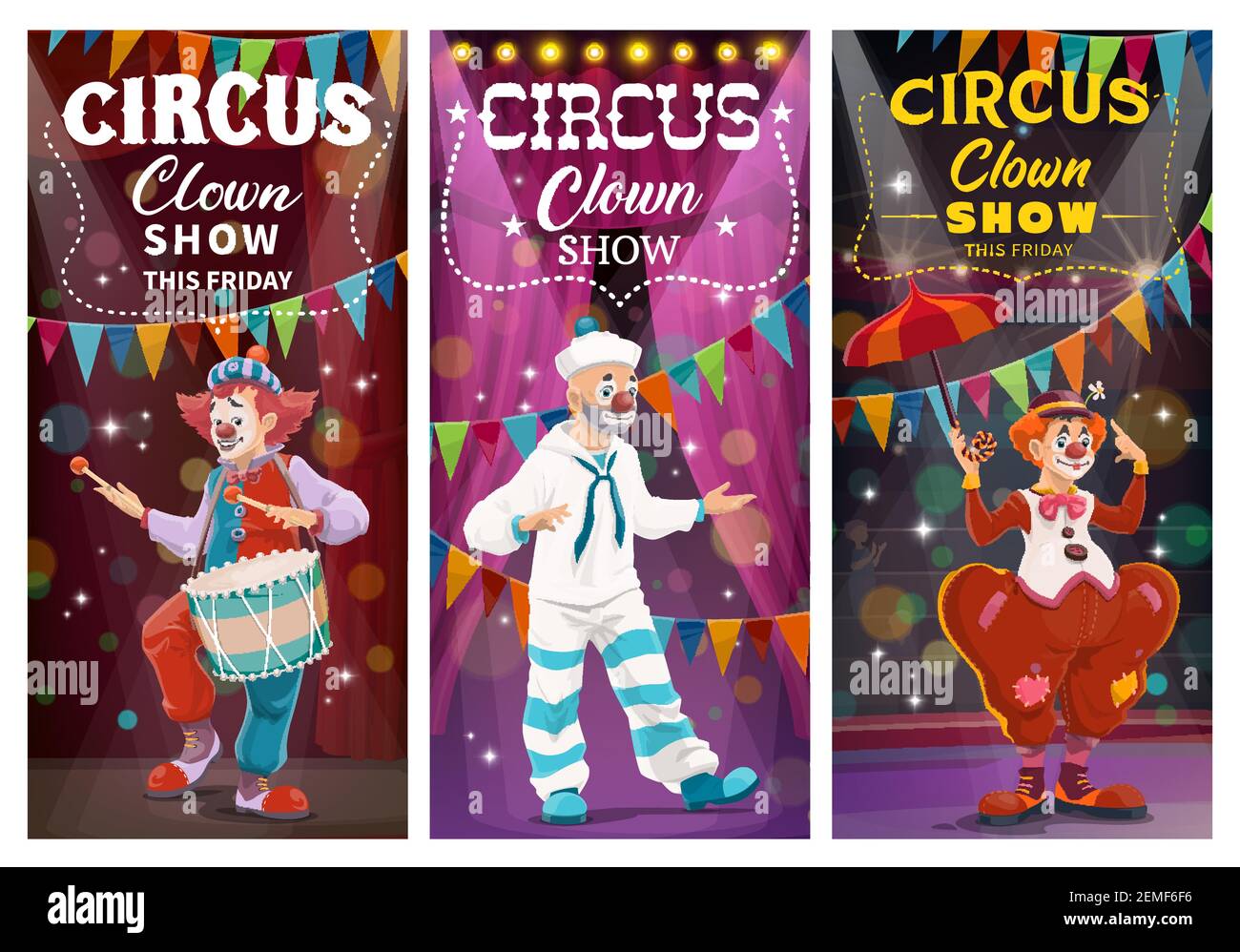 Circus clowns comedy show vector banners. Clowns with face makeup, wearing sailor suit and tramp costume, dancing and playing on drum, performing on l Stock Vector