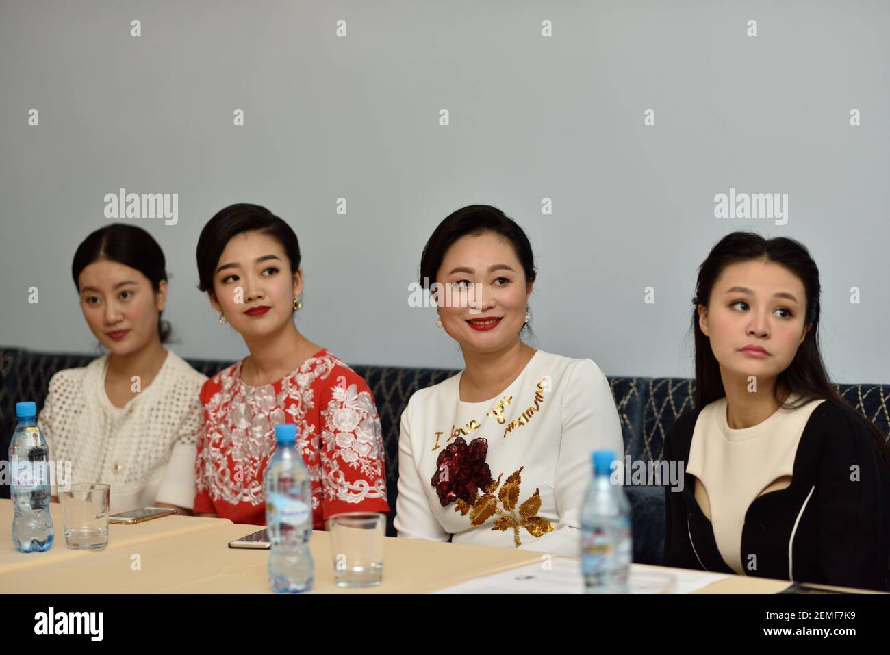 St. Petersburg, Russia, 6th October, 2015: Liu Chan (center) and soloists of Star Sopranos of China on the press conference in Philharmonic Hall. The event is part of the Festival of Chinese music Stock Photo