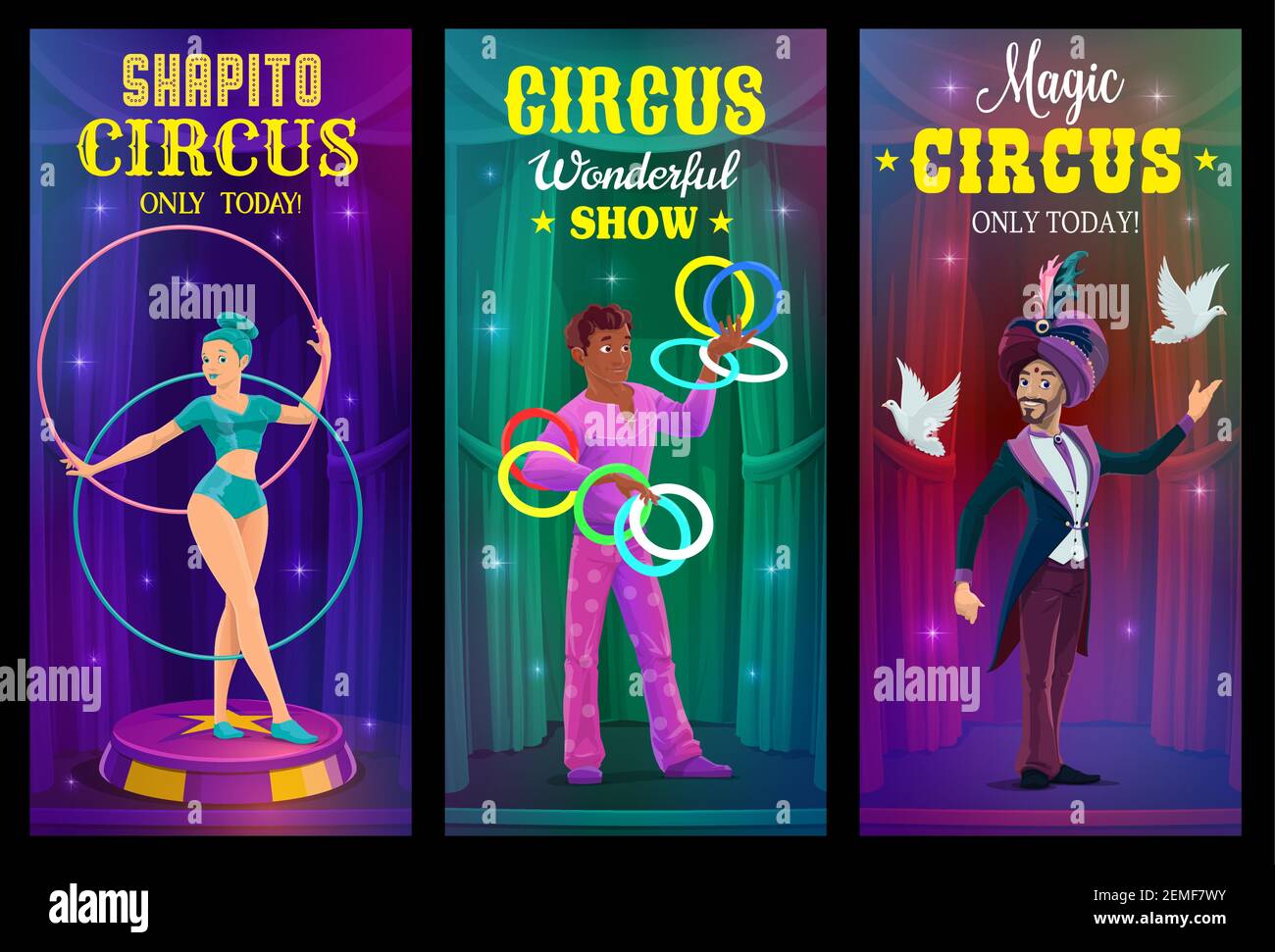Circus magician, juggler and acrobat vector banners of chapiteau ...