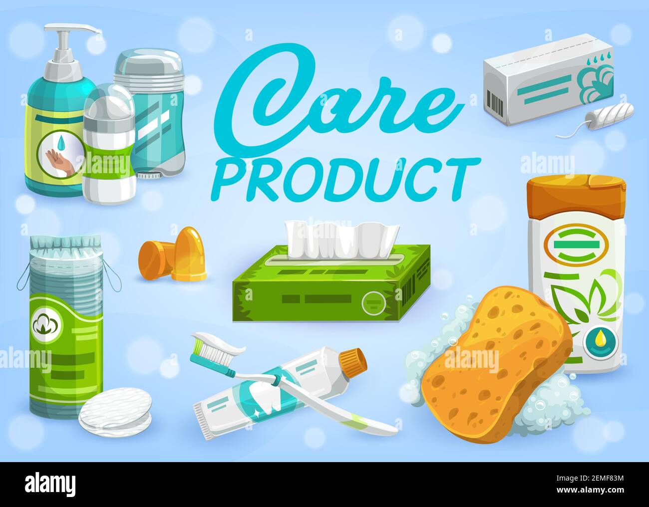 Hygiene, cosmetics and care products, vector. Liquid soap or hand cream, dry deodorant or antiperspirant, sanitary tampons, cotton discs and napkins, Stock Vector