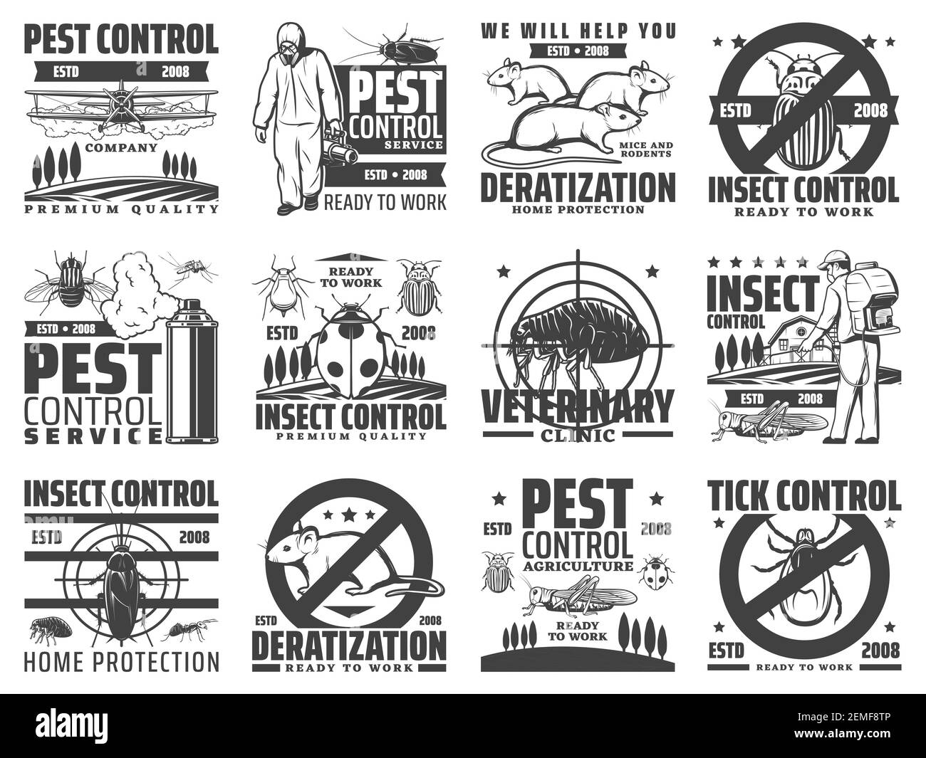 Pest control service, rodents and insects extermination icons. Deratization, insects extermination and agricultural pest control with pesticide dustin Stock Vector
