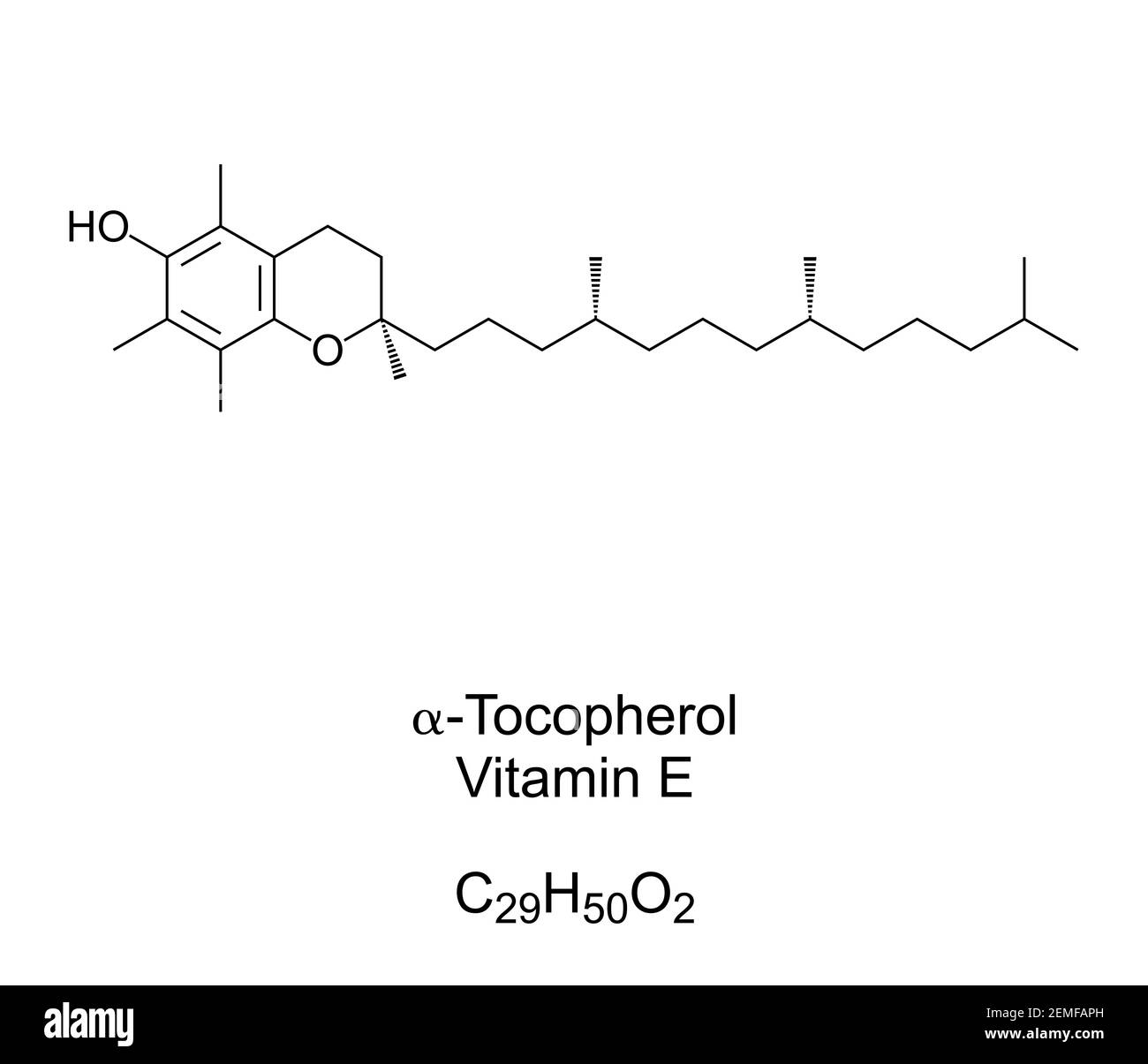 alpha-Tocopherol, Vitamin E chemical formula and skeletal structure. A type of vitamin E preferentially absorbed and accumulated in humans. Stock Photo