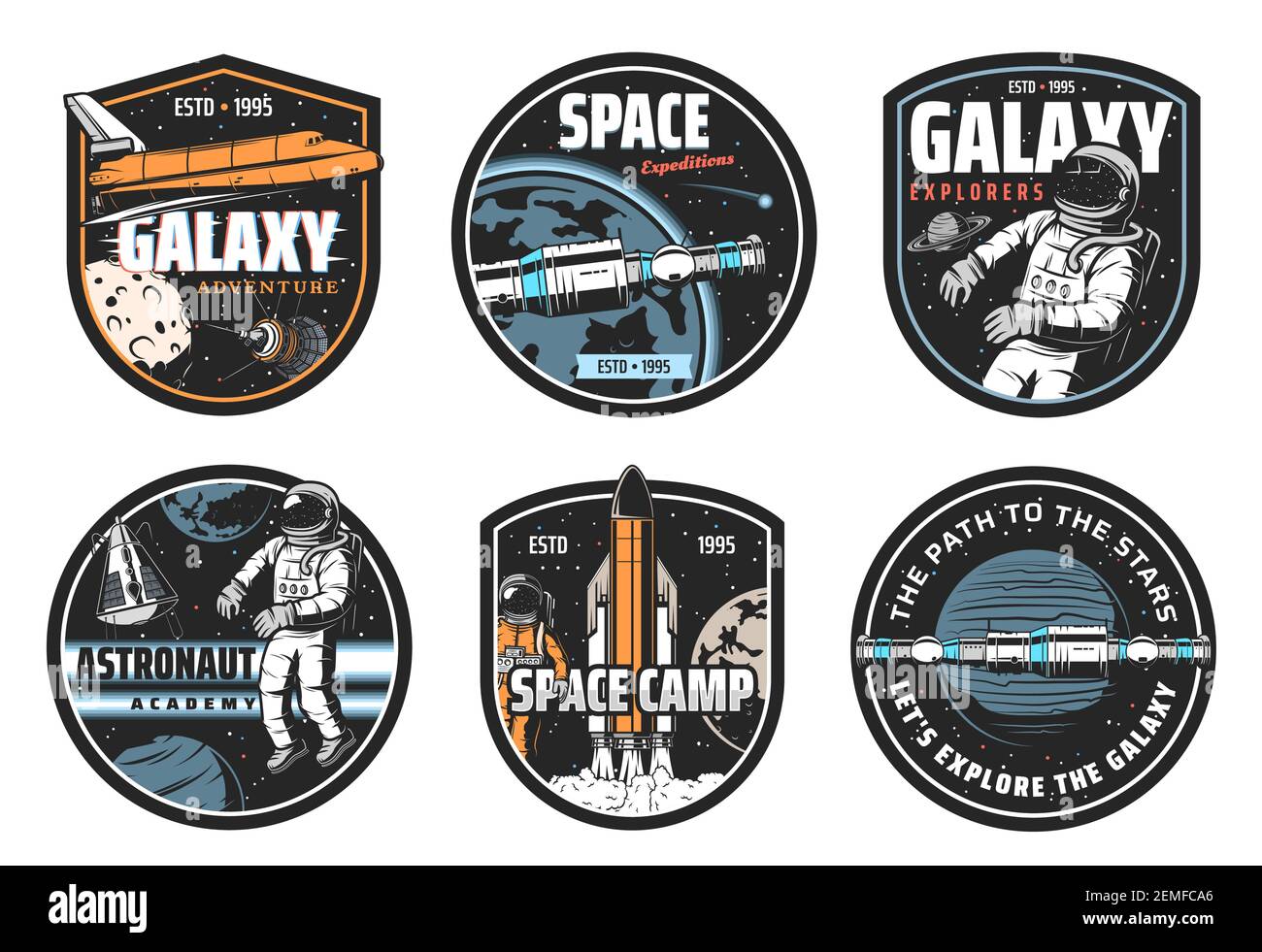 Galaxy explorer, space travel and astronaut academy icons. Shuttle spaceship, space station on