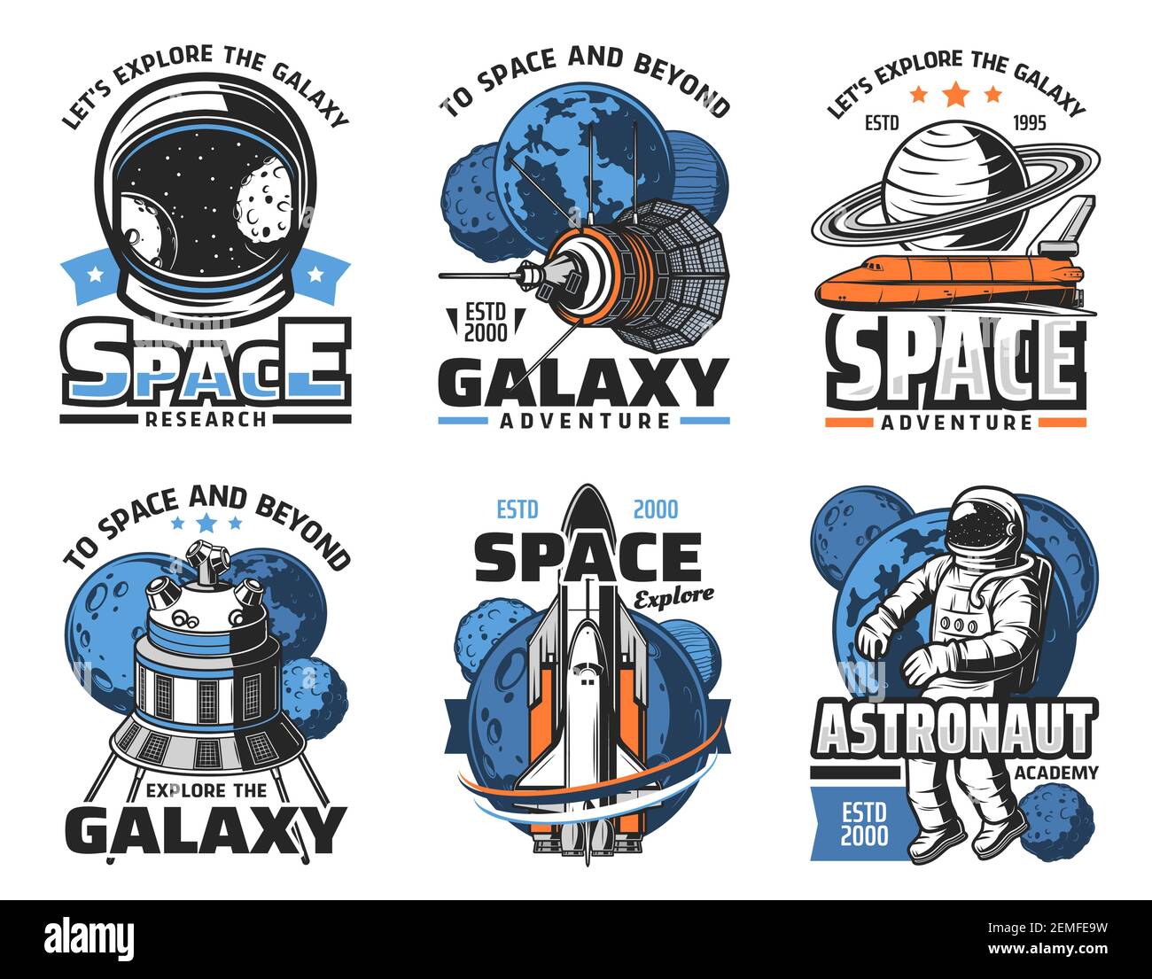 Space adventure, galaxy exploration vector icons. Astronaut in outer ...