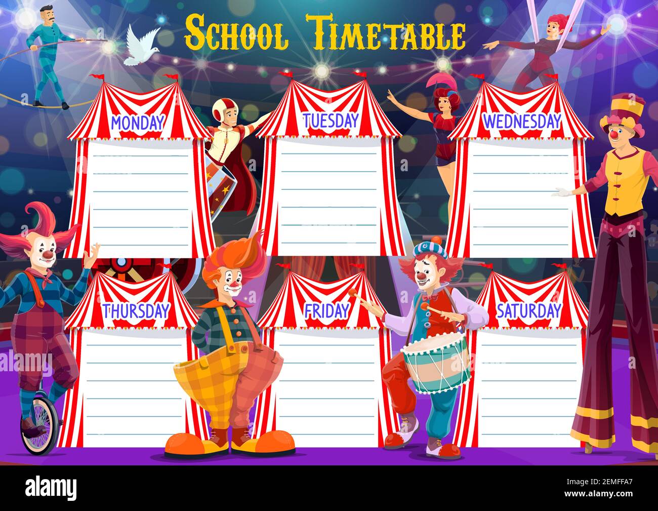 School timetable with big top circus artists. Vector weekly education