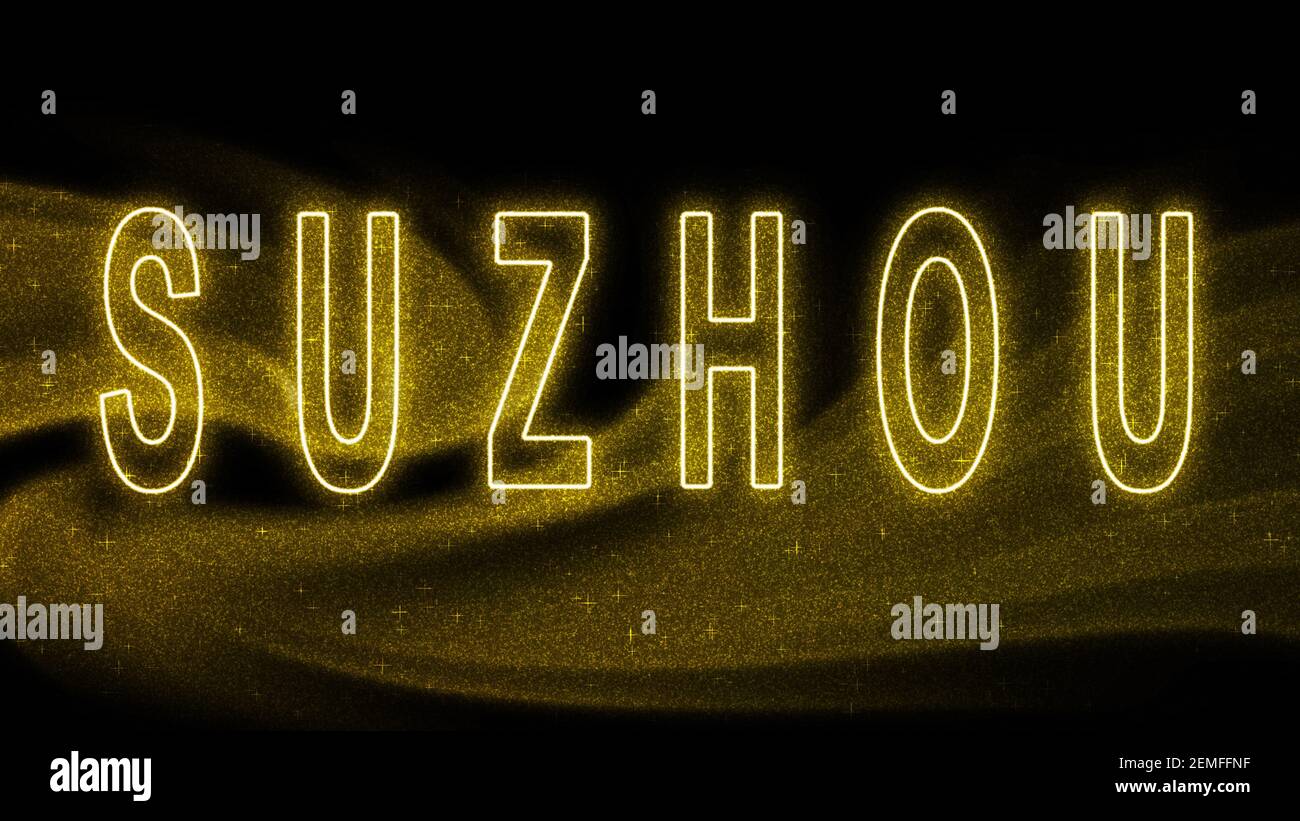 Suzhou Gold glitter lettering, Suzhou Tourism and travel, Creative typography text banner, on black background. Stock Photo