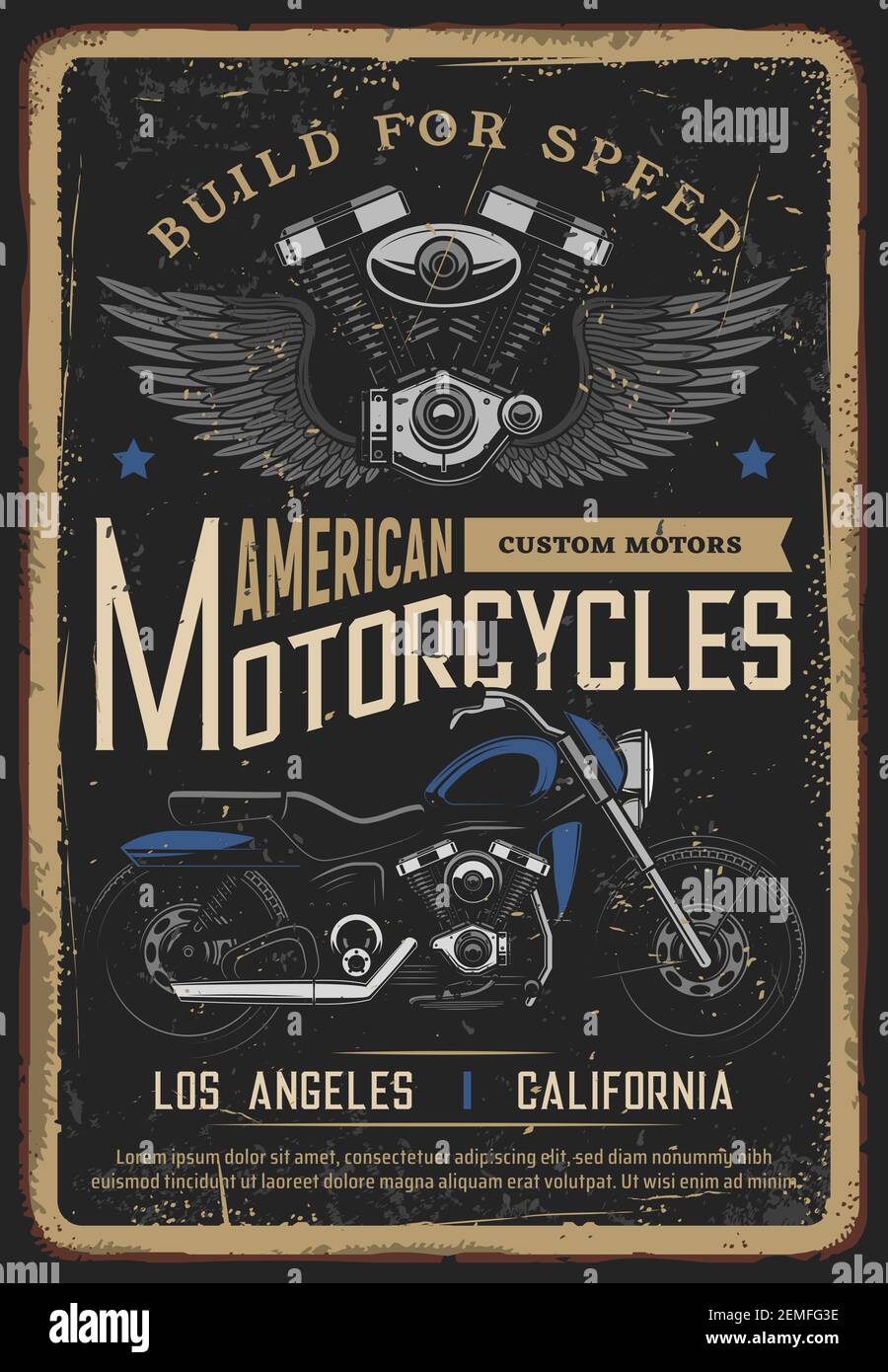 Motorcycle poster, vintage retro biker moto garage and classic chopper  bike. Custom motorbike and American motorcycles road travel, engine with  wings Stock Vector Image & Art - Alamy