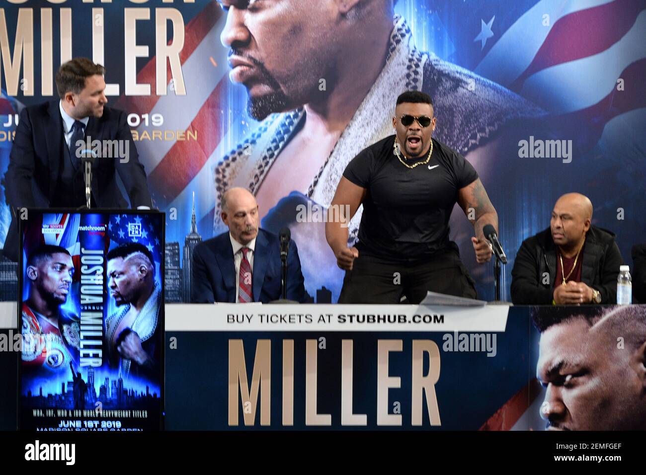 Boxer Jarrell Miller reacts at the start of his press conference with boxer  Anthony Joshua, defending WBA Super, IBF, WBO and IBO World Heavyweight  champion, during the Anthony Joshua/Jarrell Miller press conference