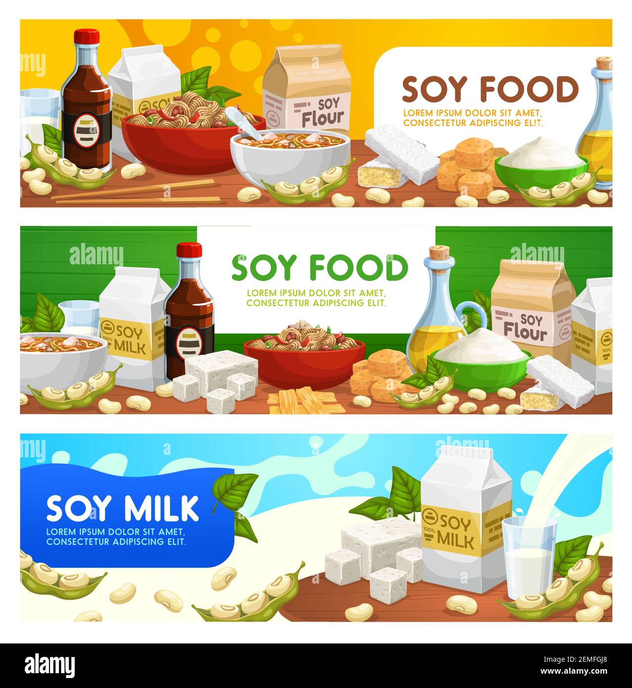 Soy food and soybean products vector soya sauce, tofu, soybean milk and