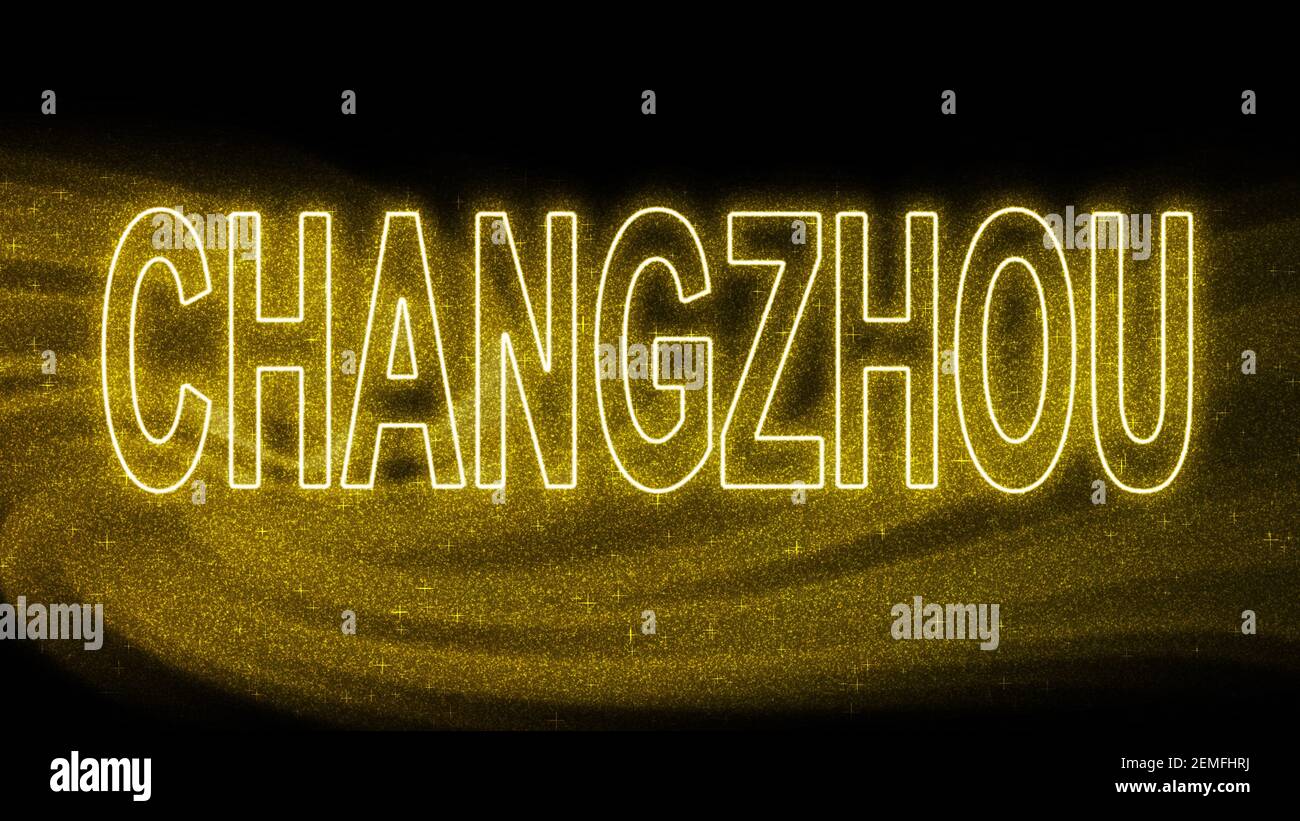 Changzhou Gold glitter lettering, Changzhou Tourism and travel, Creative typography text banner, on black background. Stock Photo