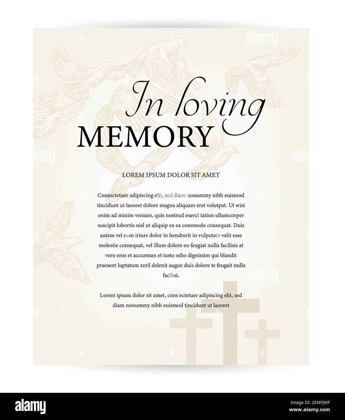 Funeral card vector template, vintage condolence obituary with typography in loving memory, cemetery christian crosses and flying doves above graveyar Stock Vector