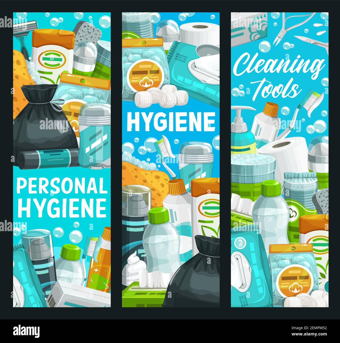 Hygiene, health and personal care, cleaning and bathing items, vector