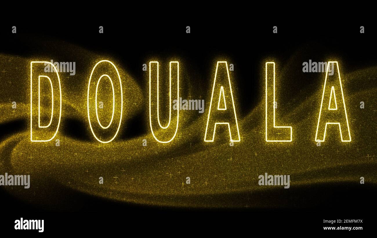 Douala Gold glitter lettering, Douala Tourism and travel, Creative typography text banner, on black background. Stock Photo