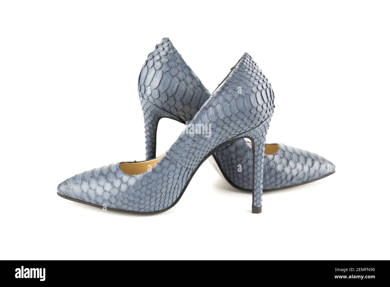 The Pair Of Stylish High Heels Python Leather Shoes Isolated On White The pair of stylish high heels python leather shoes isolated on white