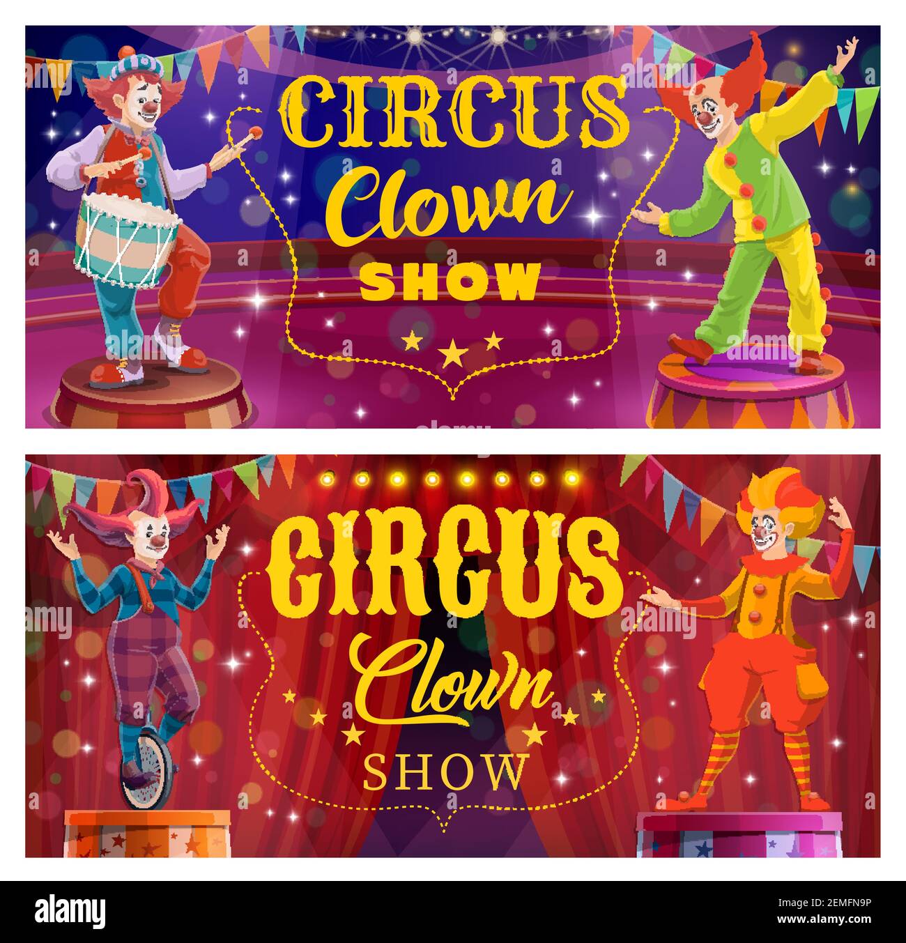 Chapiteau circus clown entertainment show. Whiteface clowns characters with false nose, bizarre hairdo and colorful costume, playing on drum, rides un Stock Vector