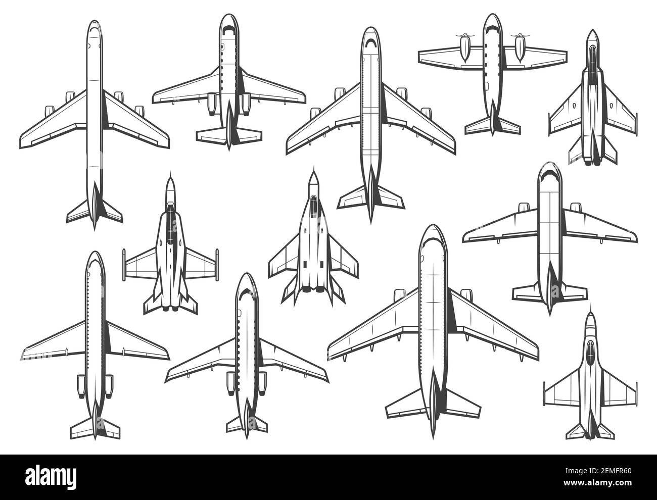 Modern civil and military aircraft set. Passenger airliner, business jet and cargo plane, army fighter or interceptor, bomber thin line vector. Commer Stock Vector