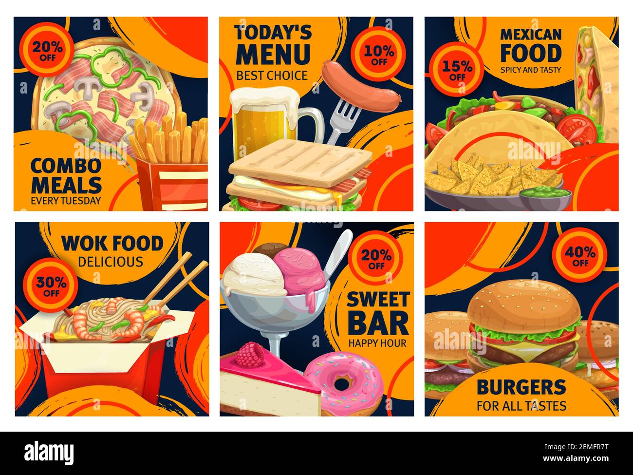 Fast food combo meals sale promo posters. Vector pizza, cheeseburger