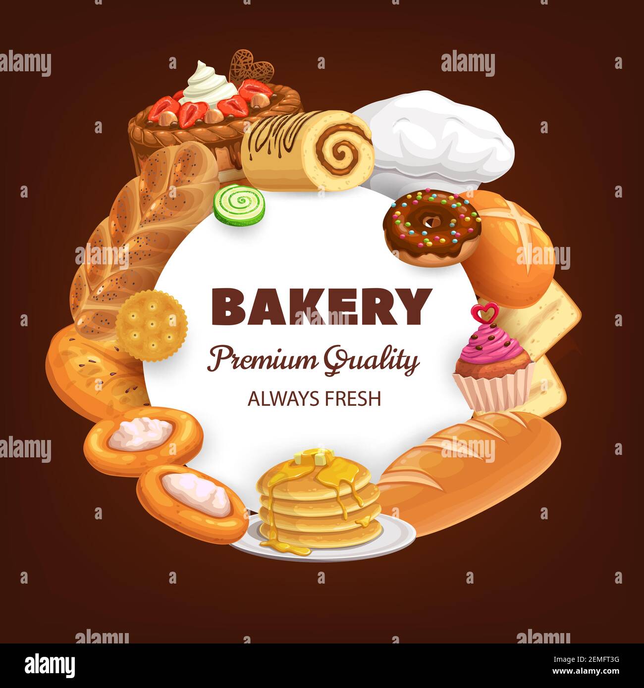 Bakery, desserts and bread vector round banner. Sweet baked food ...