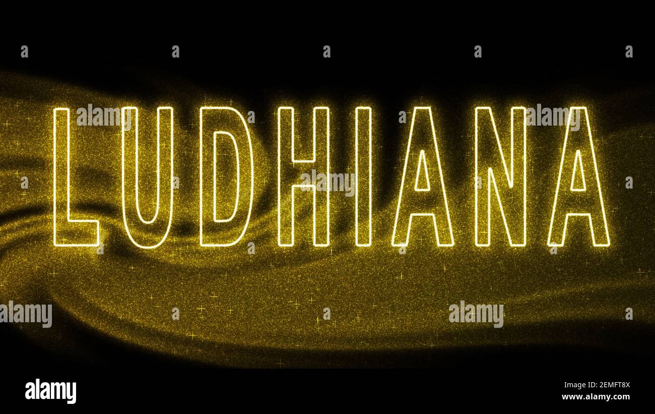 Ludhiana Gold glitter lettering, Ludhiana Tourism and travel, Creative typography text banner, on black background. Stock Photo