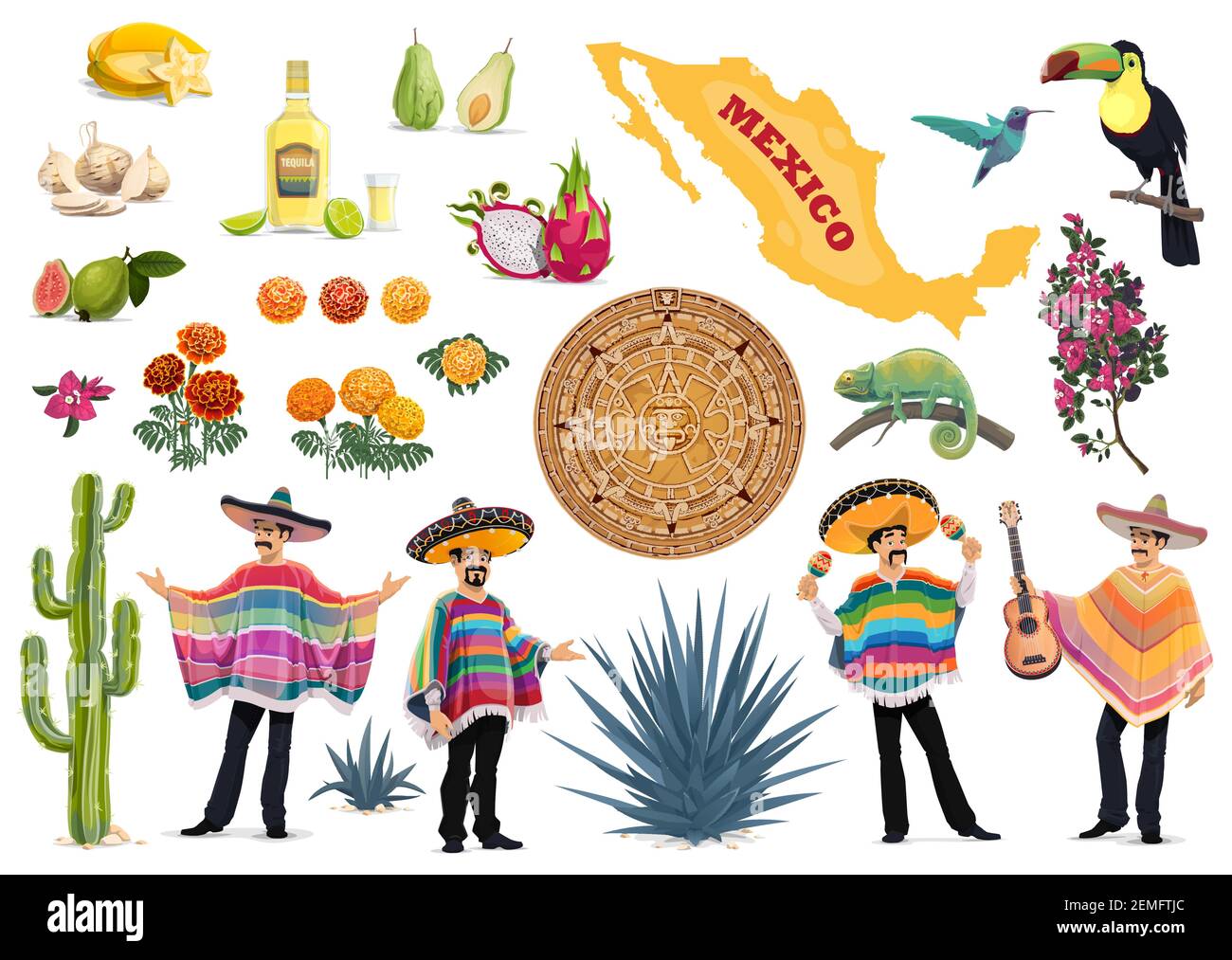 Mexico vector set with Mexican food, culture and travel symbols. Cactus, guitar, sombrero and tequila, Mexican men with poncho, maracas, map, aztec su Stock Vector