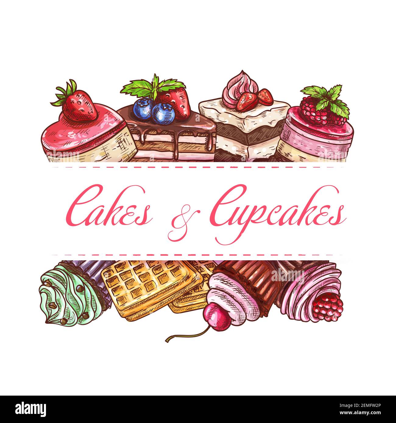 Bakery cakes, cupcake pastry and sweet desserts vector sketch poster or