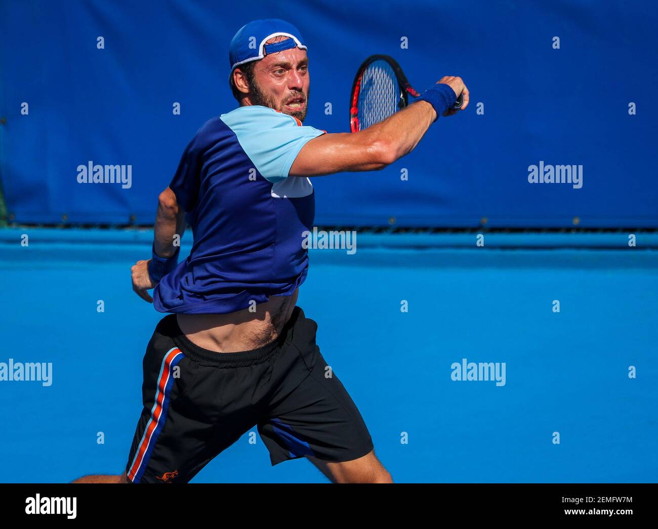 February 2l, 2019: Paolo Lorenzi, of Italy, in action against Steve  Johnson, of the United States, during a quarterfinal round of the 2019  Delray Beach Open ATP professional tennis tournament, played at