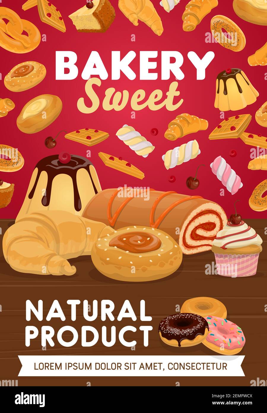 Sweets, desserts and patisserie. Bakery shop vector pastry cake, waffles  and croissants, buns and donuts, cupcakes, pudding and marshmallow, bagel  and Stock Vector Image & Art - Alamy