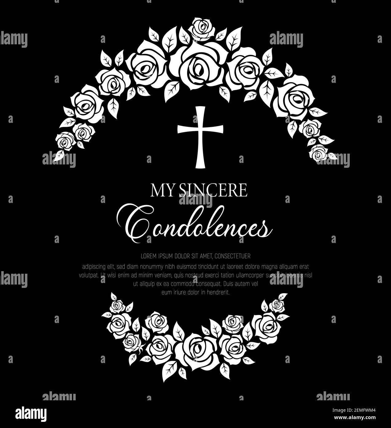 Funeral vector card with rose flowers wreath and cross. Funeral mourning retro frame with floral decoration, my sincere condolences typography. Vintag Stock Vector