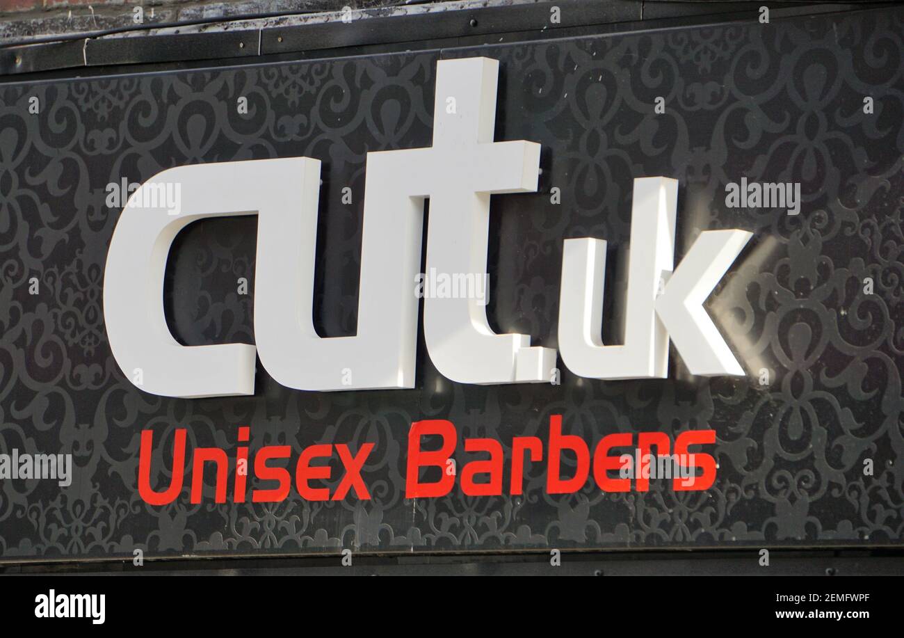 Logo above the cut.uk barbers shop in Duke Street, HenleyonThames, UK