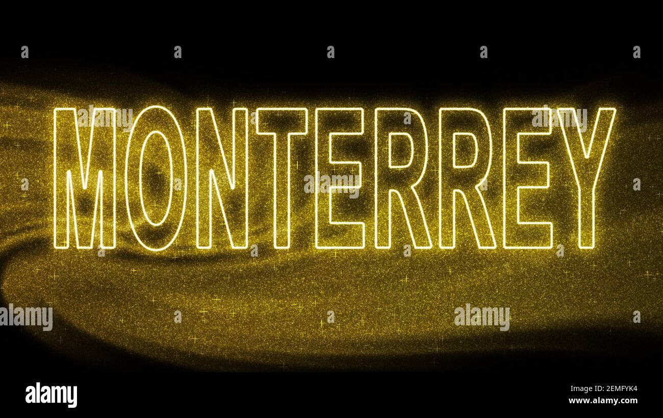 Monterrey Gold glitter lettering, Monterrey Tourism and travel, Creative typography text banner, on black background. Stock Photo