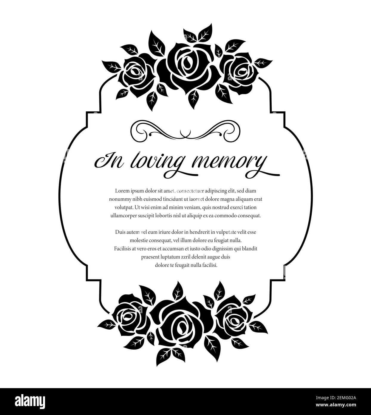 Funeral card, vector vintage condolence rose flowers ornament with flourishes and place for obituary text. Monochrome retro frame, obsequial memorial, Stock Vector