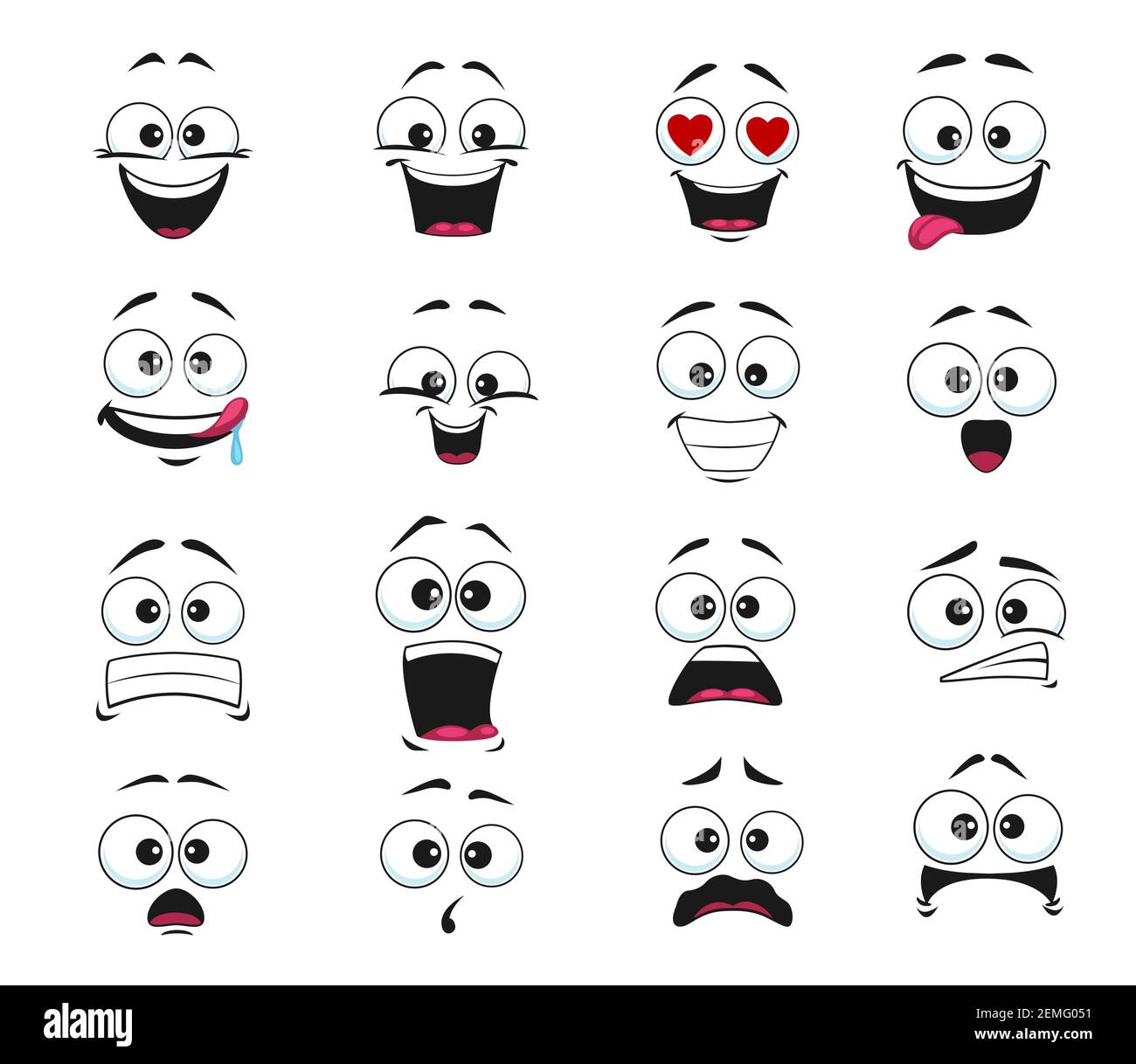 Little girl scared face expression, set of cartoon vector