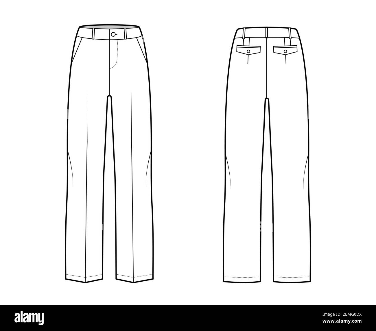Pants cigarette technical fashion illustration with extended normal low  waist, high rise, full length, slant slashed pockets. Flat trousers apparel  template front, white color. Women men CAD mockup Stock Vector Image 