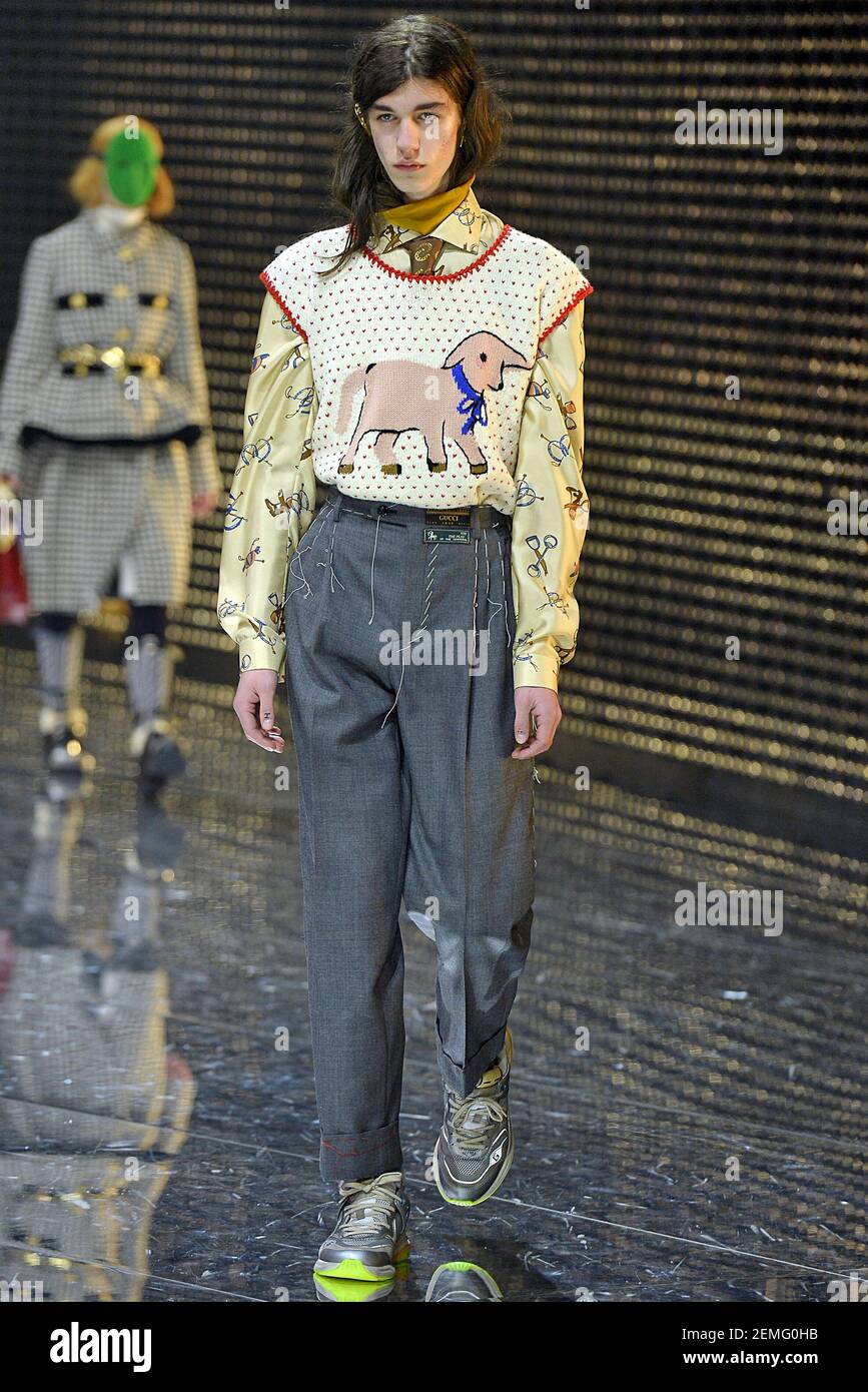 Model walks on the runway during the Gucci Ready To Wear Fashion show  during Milan Fashion Week Fall/Winter 2019 held in Milan, Italy on February  20, 2019. (Photo by Jonas Gustavsson/Sipa USA