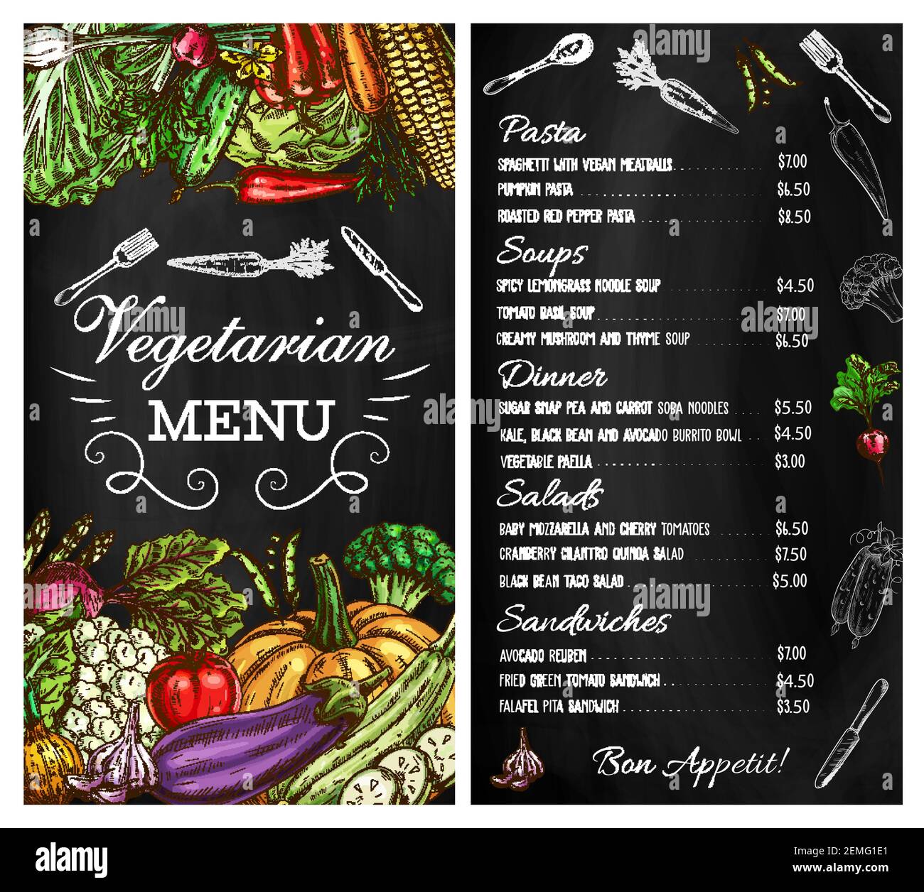 Vegetables menu salads, sketch, vegetarian food restaurant vector
