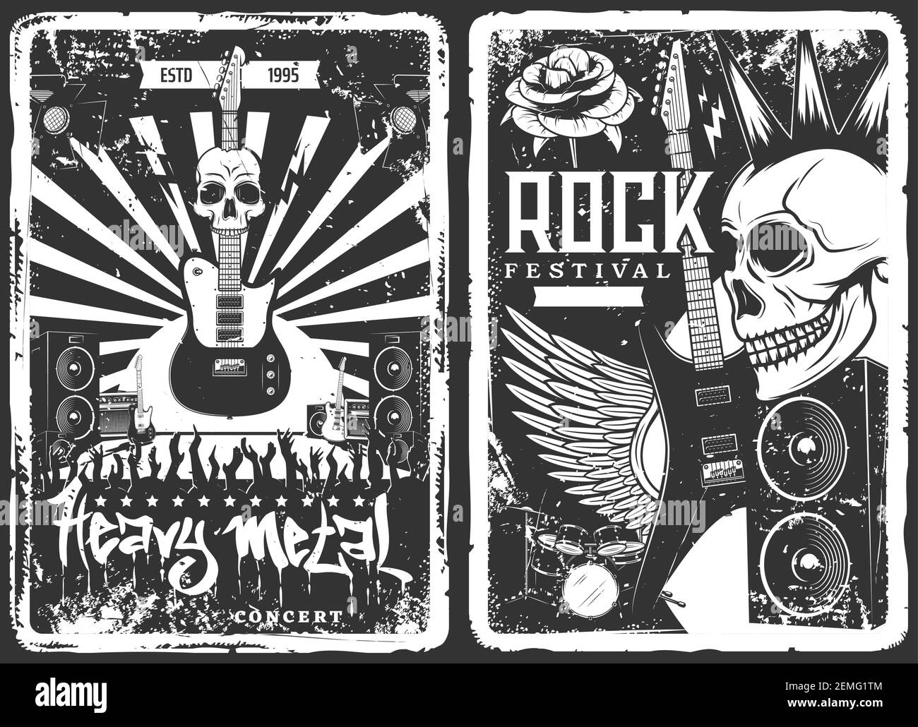Rock concert, music band party festival, vector grunge vintage poster with skull punk and electric guitar. Hard rock and heavy metal music concert fes Stock Vector