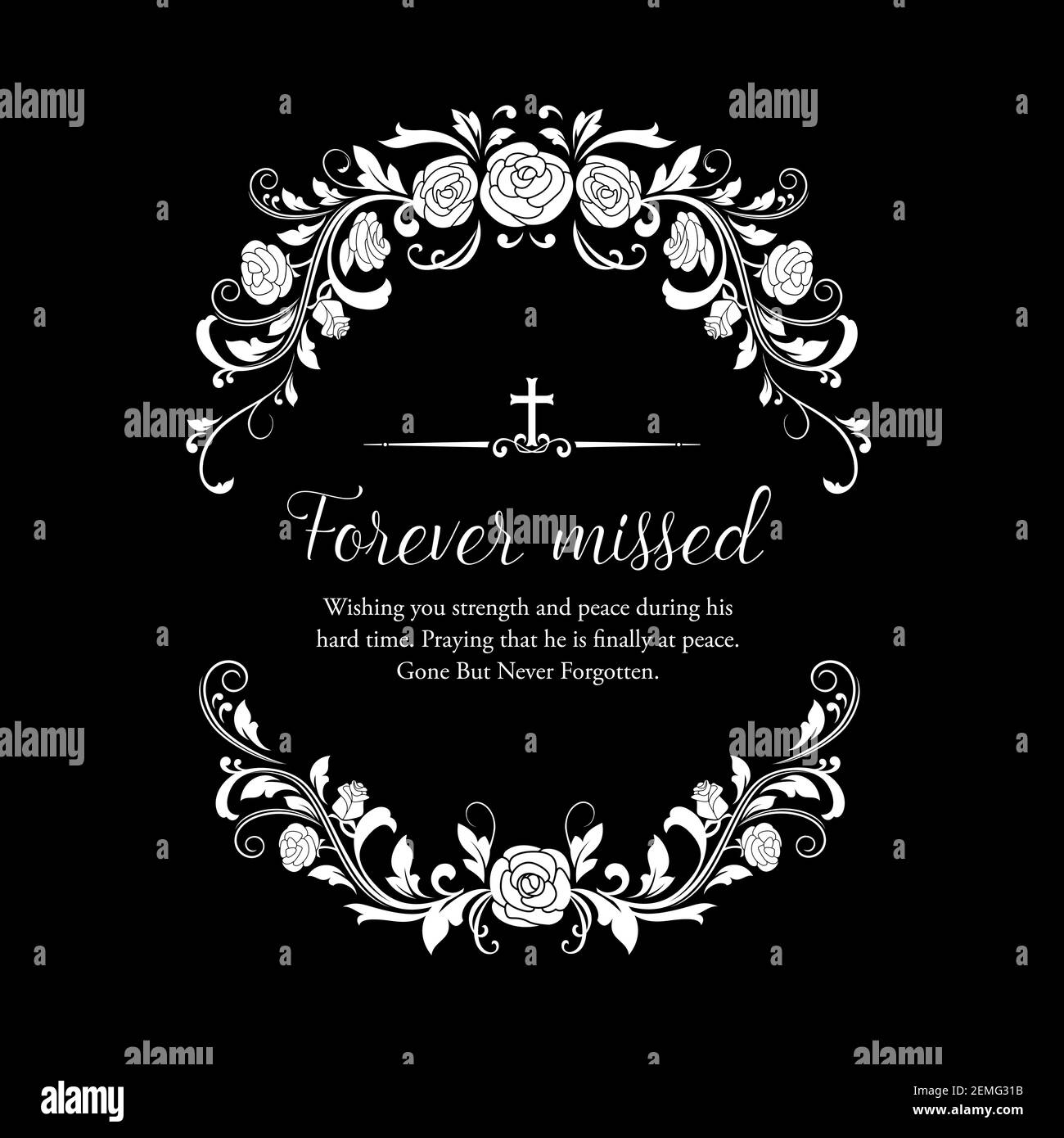 Funeral vector card with rose flowers wreath and cross. Funeral mourning retro frame with floral decoration, forever missed obsequial typography. Vint Stock Vector