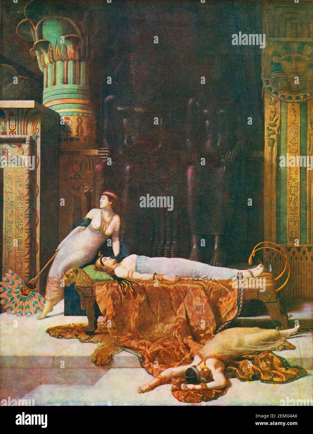 An illustration of the death of Cleopatra VII last ruler of Ptolemaic Egypt, 30 BC, in Alexandria. The painting shows the queen on her death bed and her servants Eiras and Charmion also in their death throes. From an 1890 painting by John Collier 1850 to 1934 Stock Photo