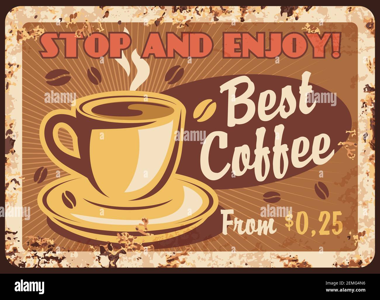 Coffee retro metal plate rust, cafe vintage poster, vector menu signage